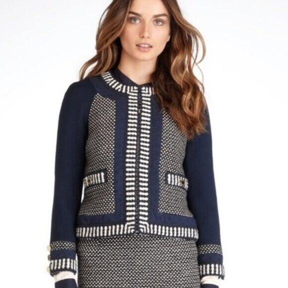 Tory Burch EUC Blue Leandra Tweed Embroidered Jacket Blazer Suiting Size 8 - Picture 1 of 11